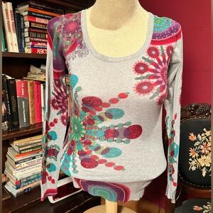 Desigual Women’s Grey Colorful Funky Sequin Long Sleeve Cotton Sweater Size S